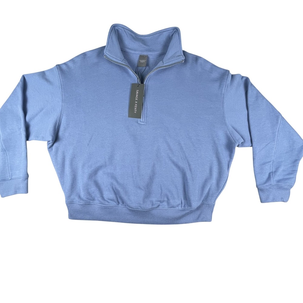 Savage X Fenty Sweatshirt Women XL Blue Quarter Zip Graphic Logo Cropped Hoodie
